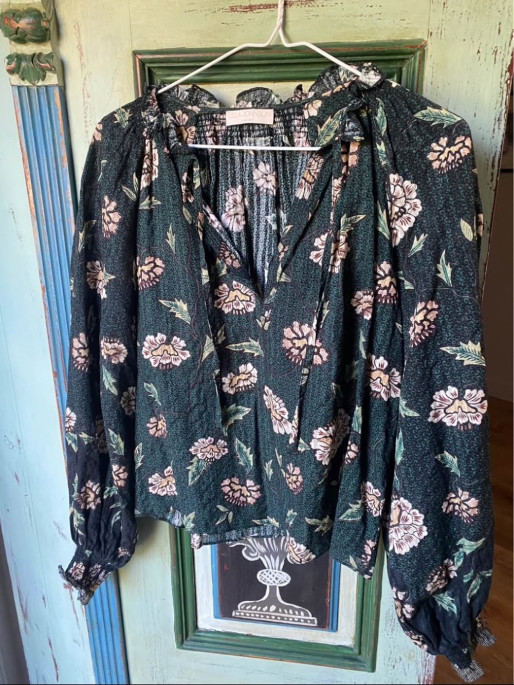 Ulla Johnson Dark Green Floral Tie-Neck Blouse